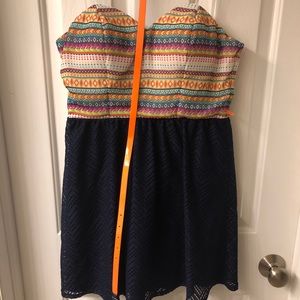 Navy Blue and Orange Strapless Dress With Belt